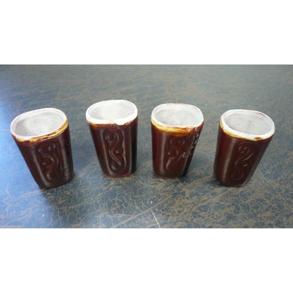 Set of 4 Central South American Small Brown Clay Pottery Shot Glasses